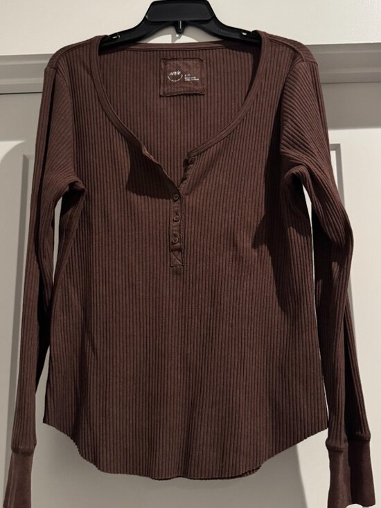 Aerie Women’s Ribbed Henley Layering T-Shirt Canyon Sun Brown Extra Large XL - Picture 5 of 16